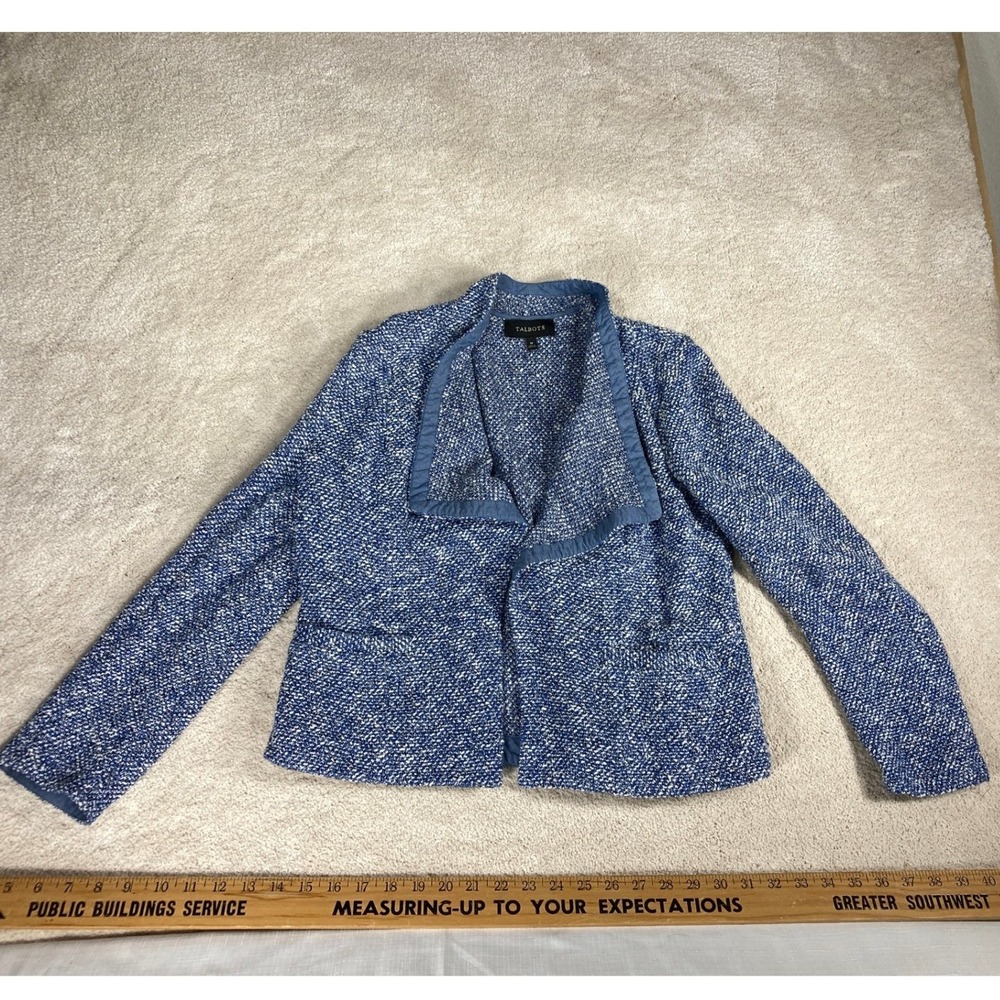 Talbots Medium Blue White Tweed Open Front Jacket Draped Shawl Collar